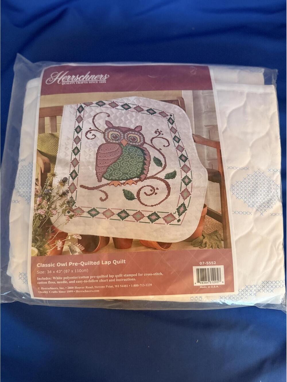 NIP Herrschners Classic Owl Lap Quilt Top Stamped for Cross Stitch 34" X 43"